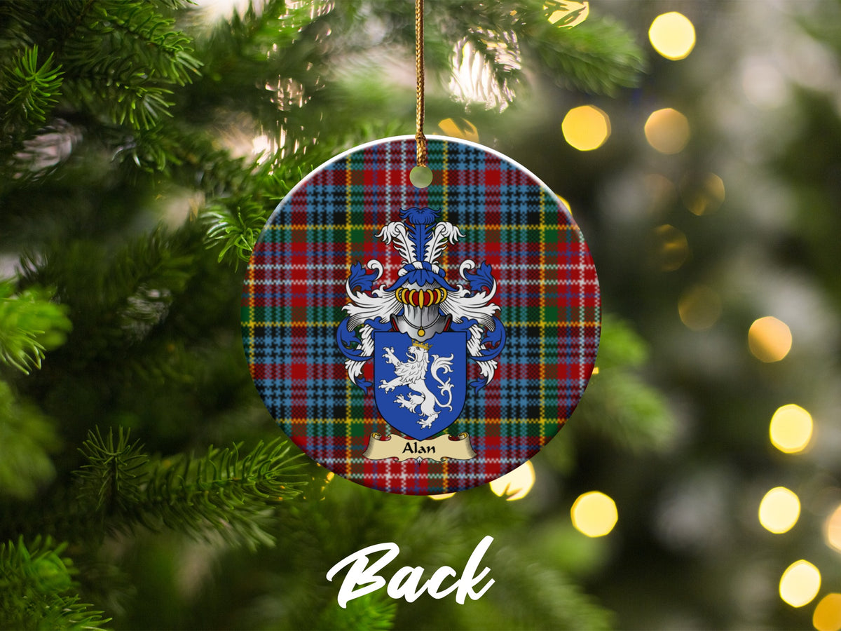 Double-sided Alan ceramic ornament with family shield and Caledonia tartan background