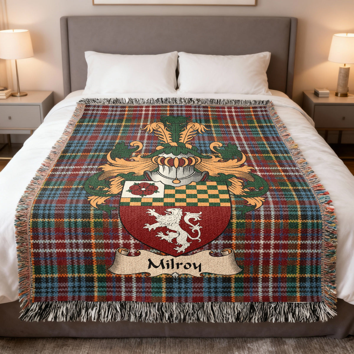 Size guide for Milroy Scottish family shield woven blanket on a Caledonia tartan background