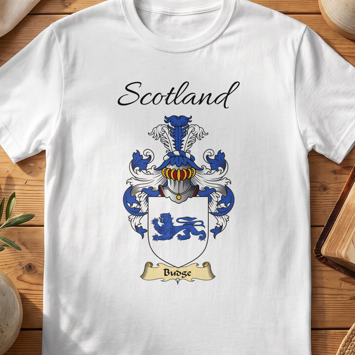 White Budge Scottish family shield T-shirt featuring a blue lion on a white shield