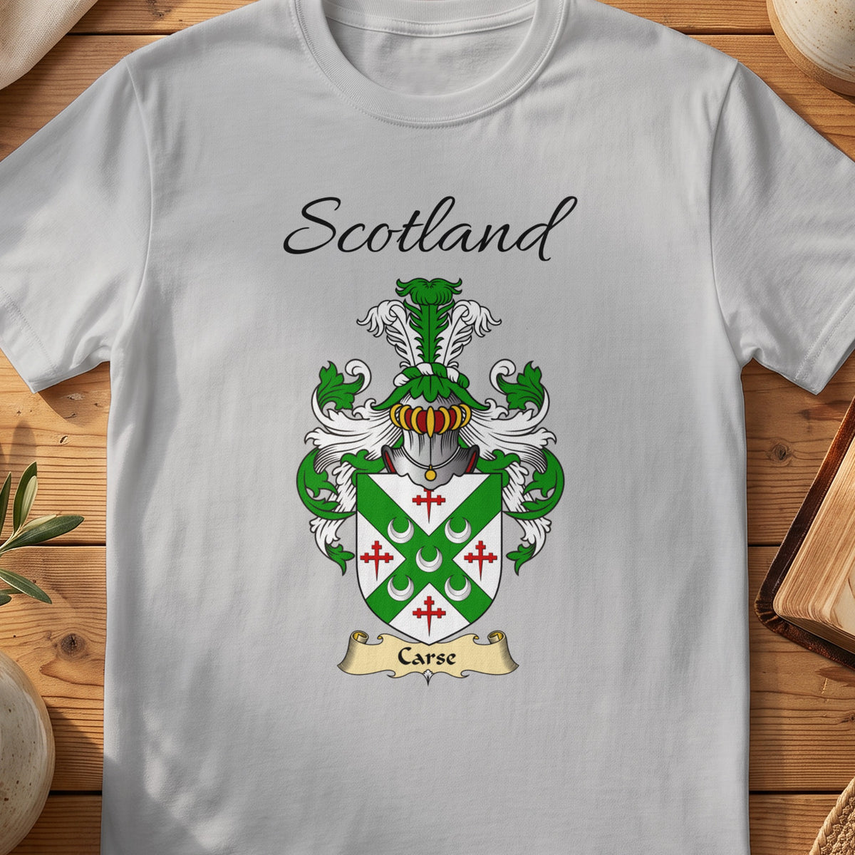 Sport Grey Carse Scottish family shield T-shirt featuring a green diagonal cross with red cross motifs