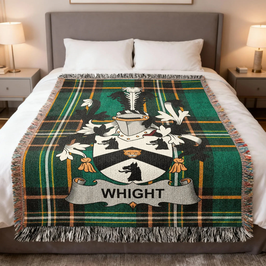 Plaid blanket with the Wright family crest displayed prominently.