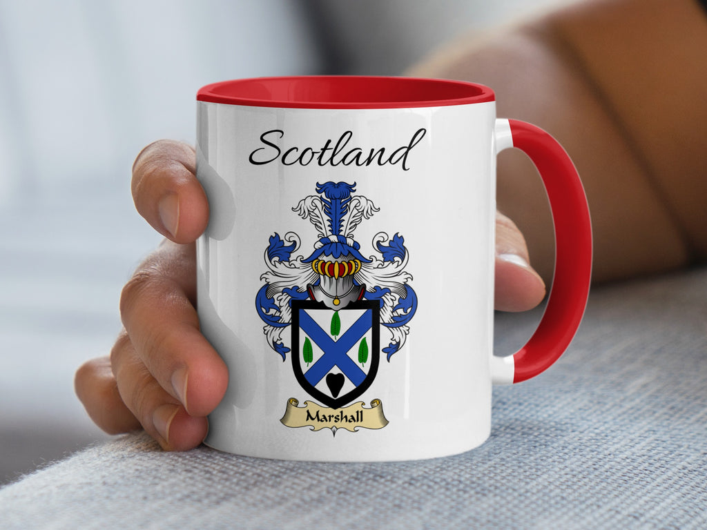 Marshall Scotland family shield accent mug with red handle and interior, shown in the 11 oz size