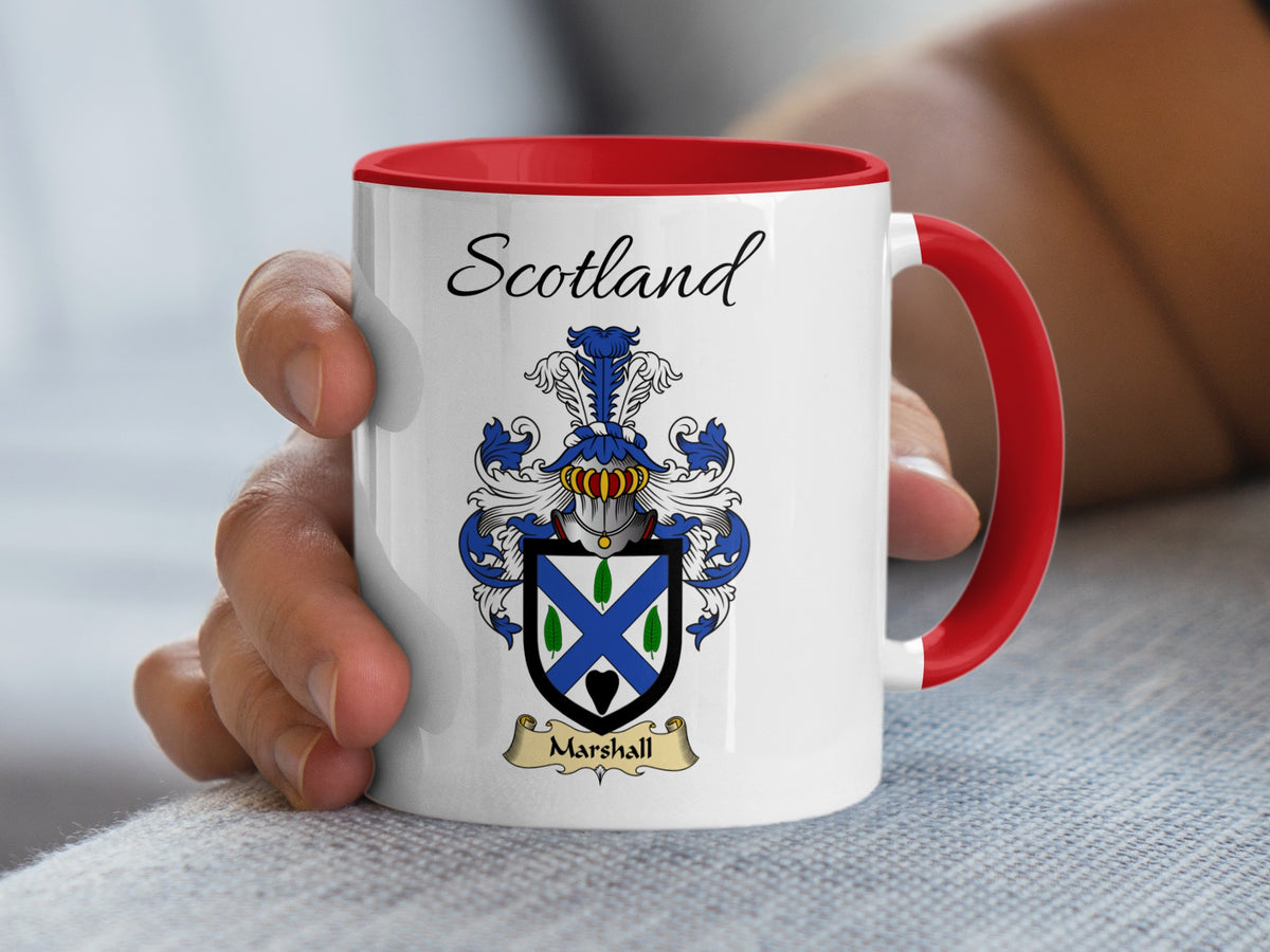 Marshall Scotland family shield accent mug with red handle and interior, shown in the 11 oz size
