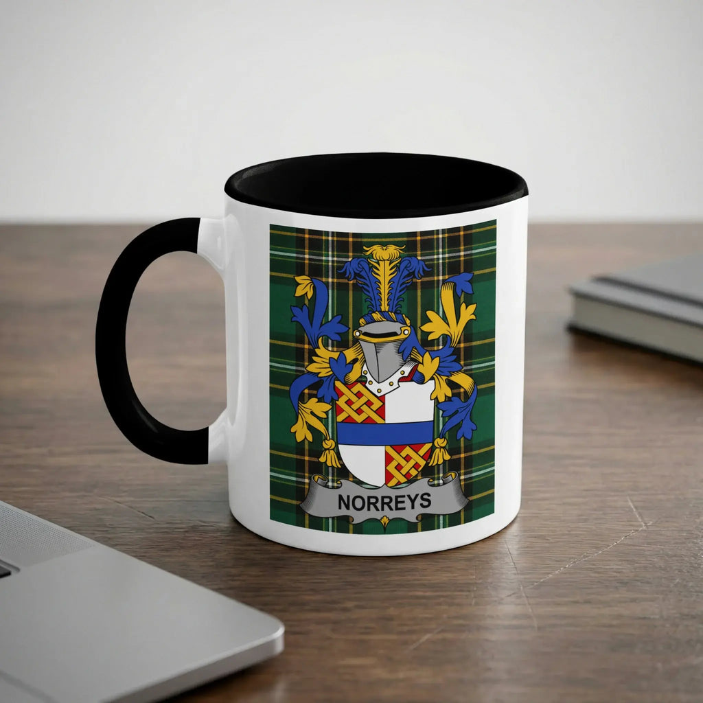 Norreys black accent mug with family crest on tartan background