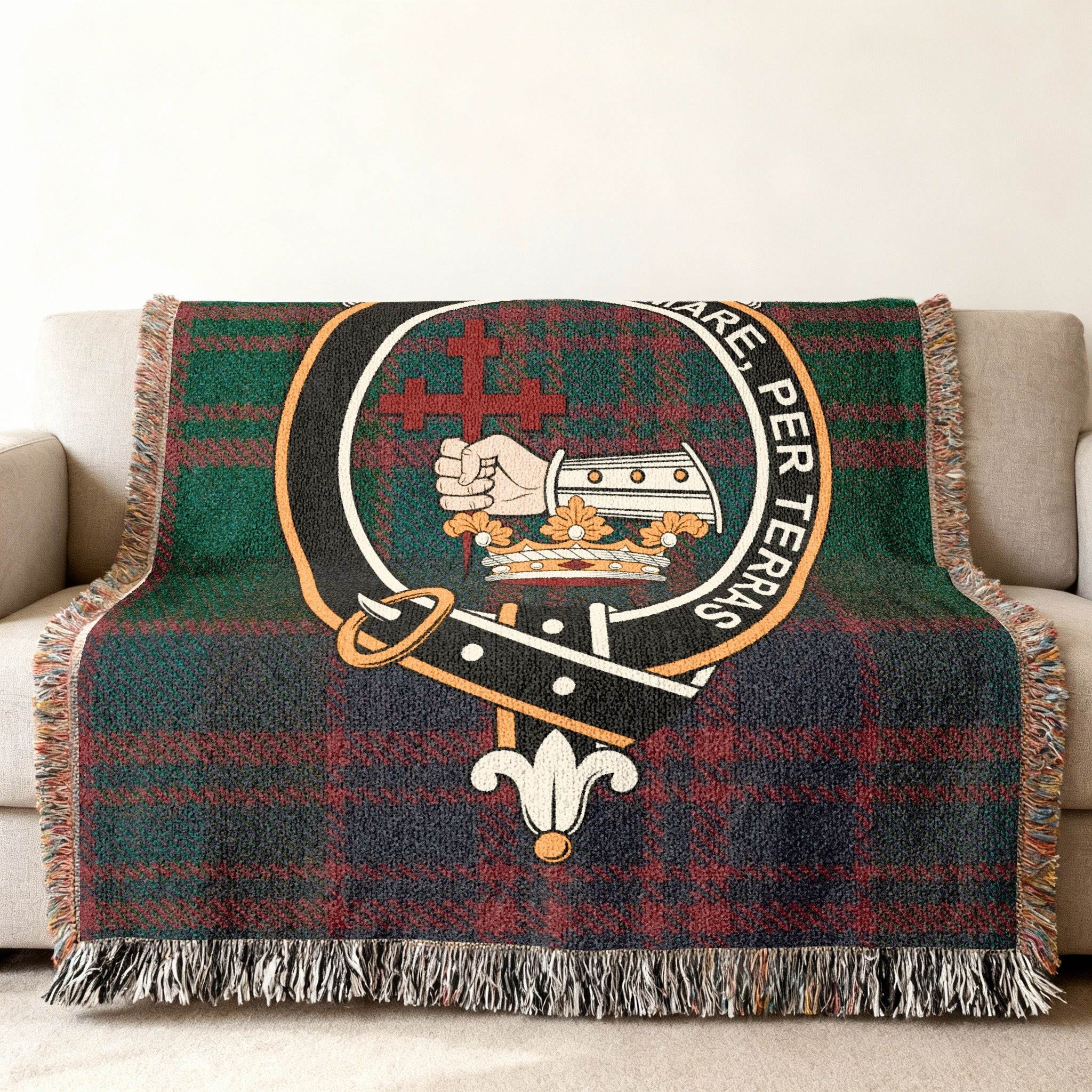 MacDonald clan crest tartan woven blanket with fringed edges — 100% cotton