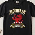 Moubray Scottish clan T-shirt in Black, front view with a red lion with raised forelegs and motto design.