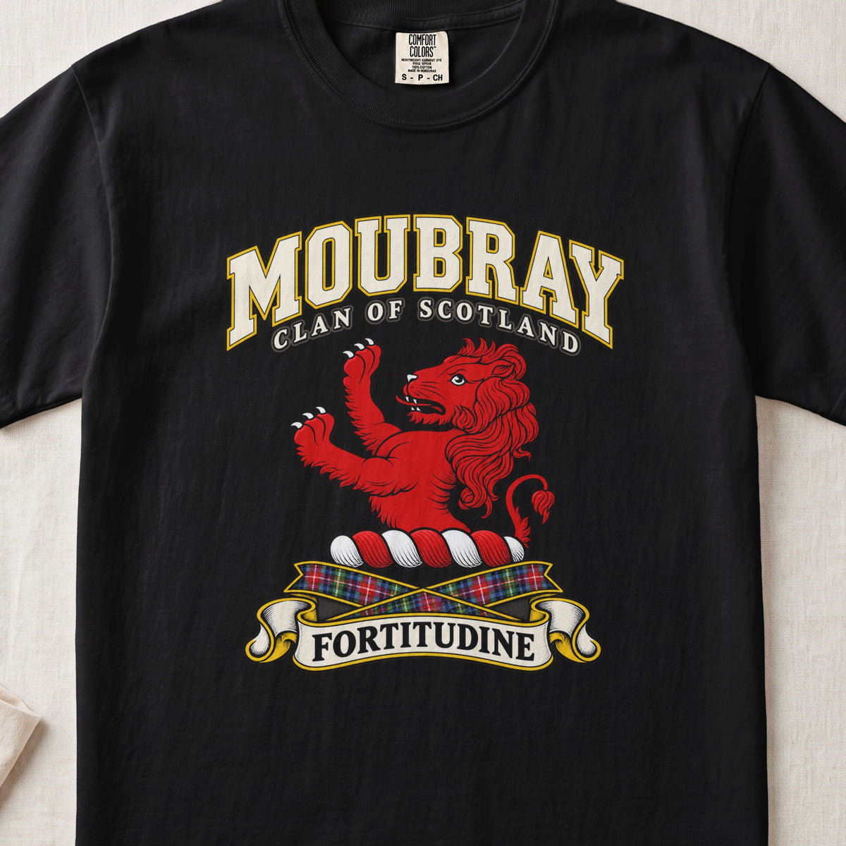 Moubray Scottish clan T-shirt in Black, front view with a red lion with raised forelegs and motto design.