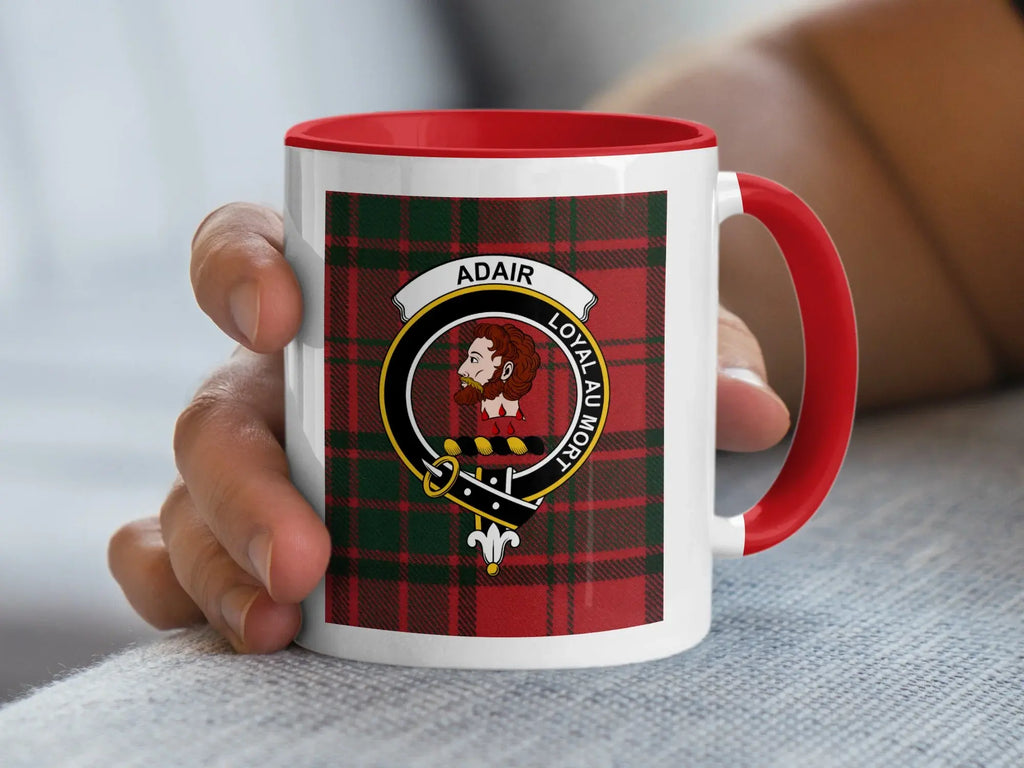 Adair Loyal au Mort clan crest mug — 15 oz ceramic with red handle and interior
