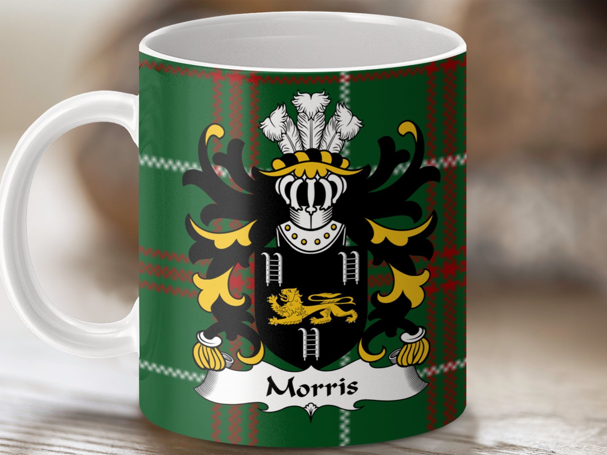 Morris Family Coat of Arms Welsh National Tartan Mug - Living Stone Gifts