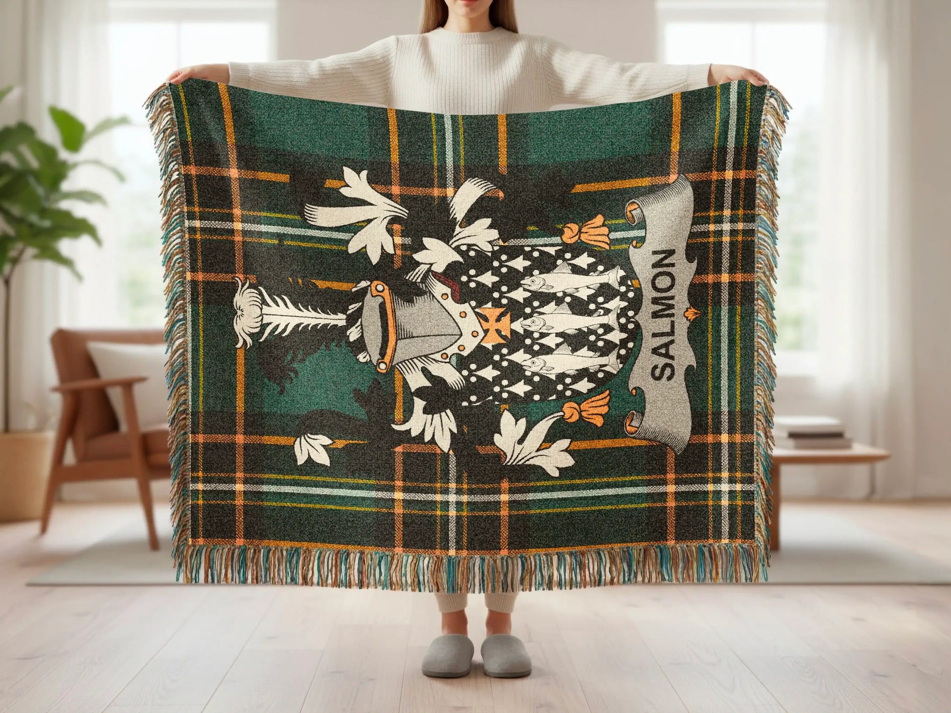 Tartan blanket with a crest featuring a salmon and the word "SALMON".