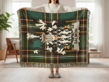 Tartan blanket with a crest featuring a salmon and the word "SALMON".