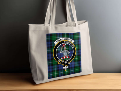 Bannerman Scottish Clan Crest on Tartan Background Tote Bag - Living Stone Gifts