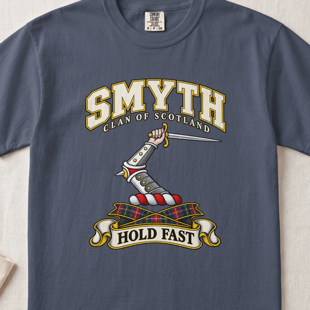Smyth Scottish clan T-shirt in Midnight, front view with an armoured arm holding a dagger and motto design.