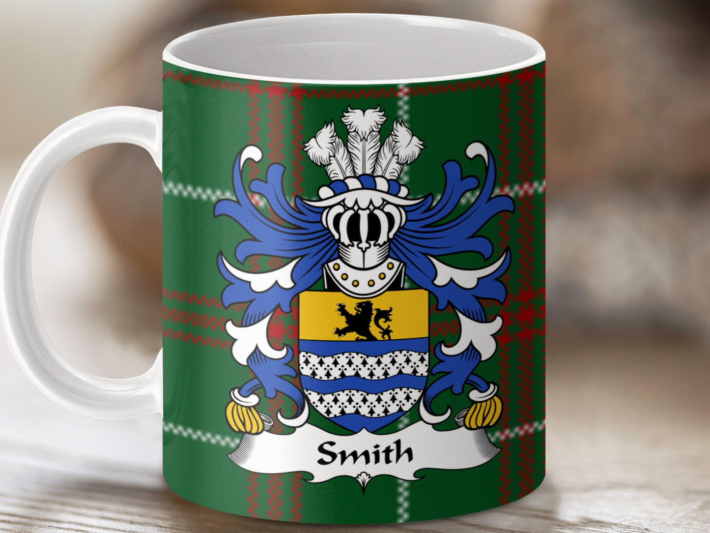 Smith Surname Coat of Arms on Welsh Tartan Background Mug - Living Stone Gifts