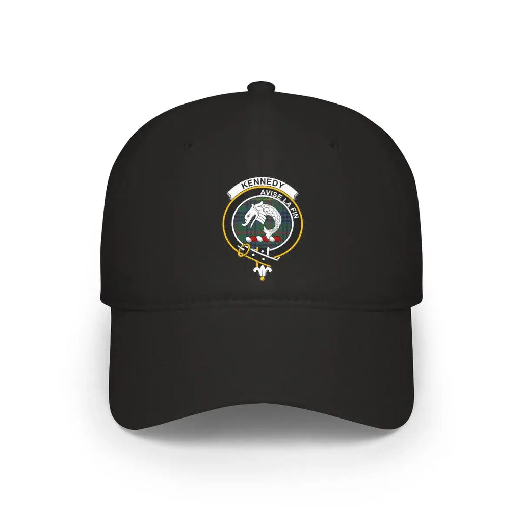 Kennedy clan crest tartan cap in black — 100% cotton with Avise La Fin heraldic design