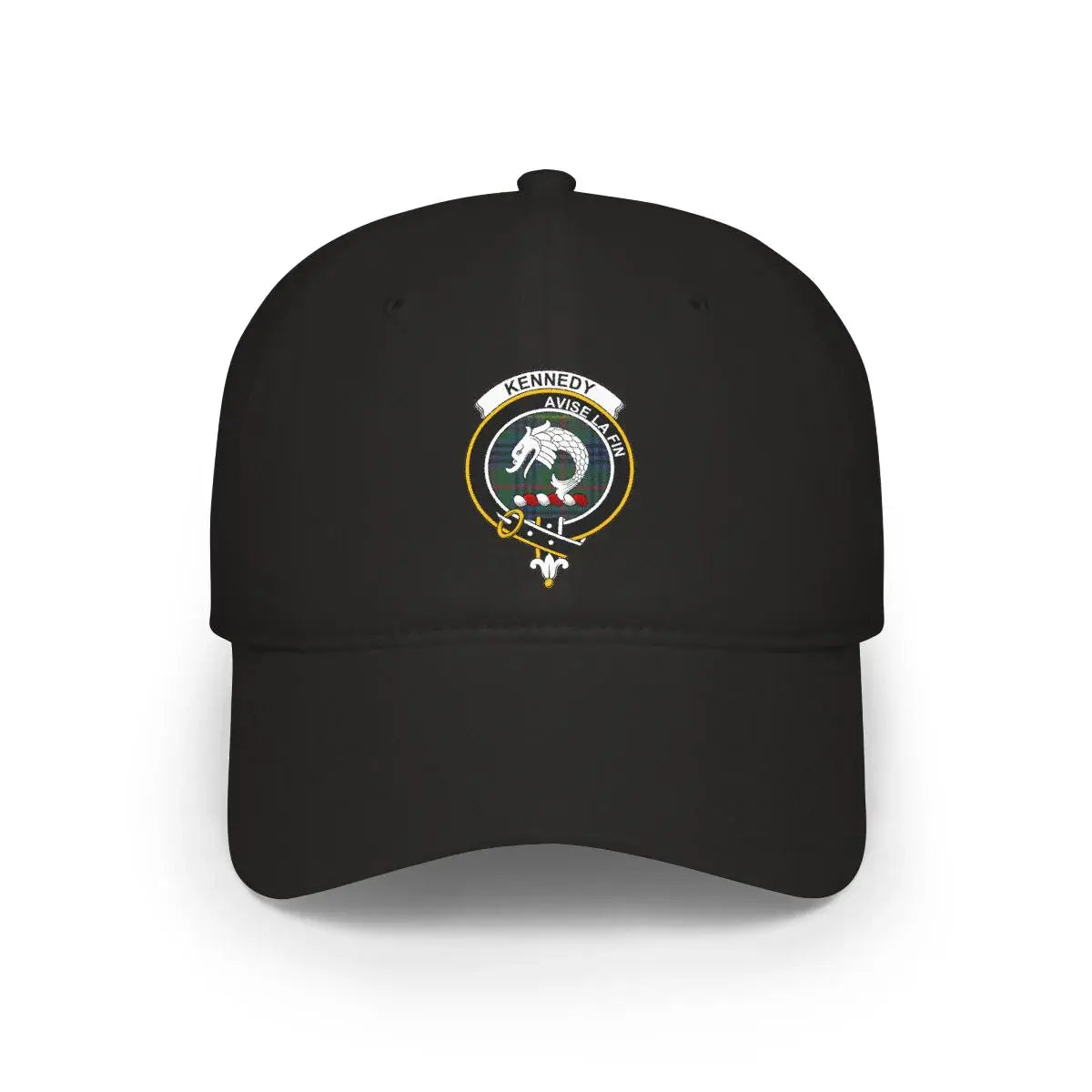 Kennedy clan crest tartan cap in black — 100% cotton with Avise La Fin heraldic design