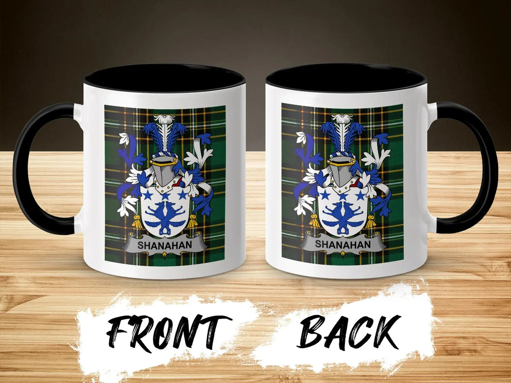 Shanahan ceramic accent mug with black handle and surname crest on tartan