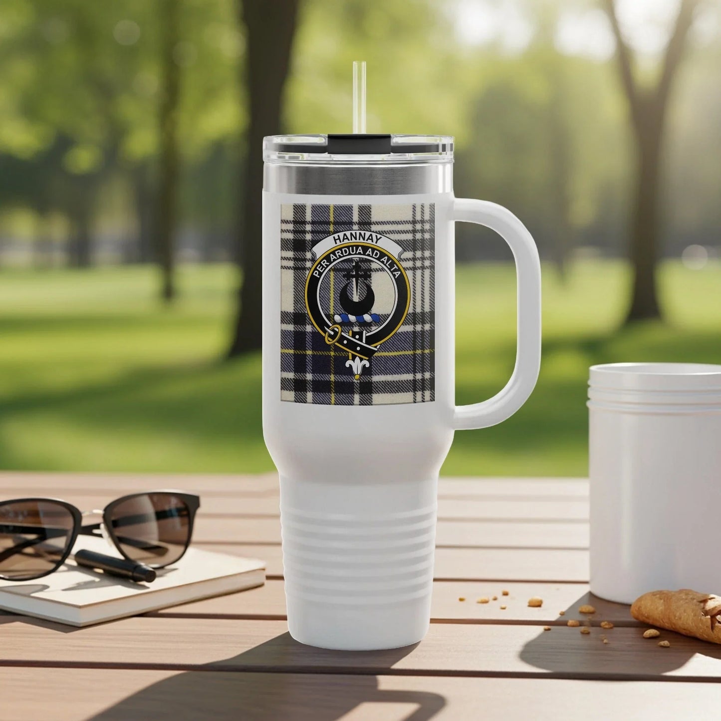 Personalized Family Crest Plaid Travel Mug product type
