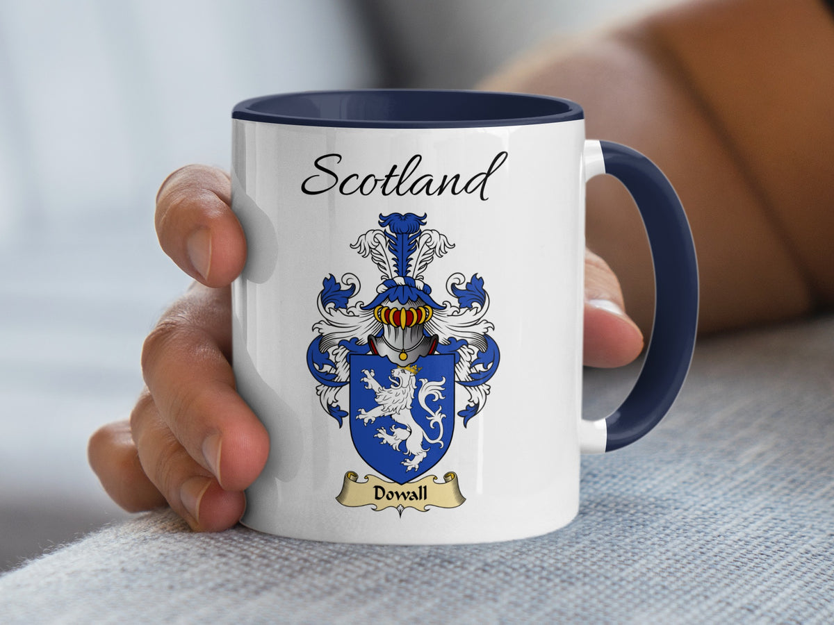 Dowall Scotland family emblem mug held in hand, showing the shield and Scotland text