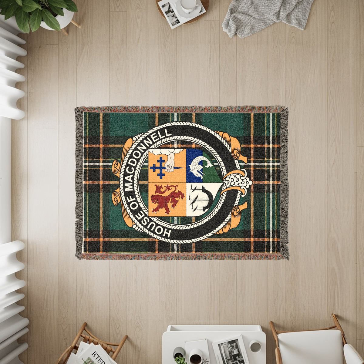 MacDonnell Irish heritage woven throw with family crest emblem