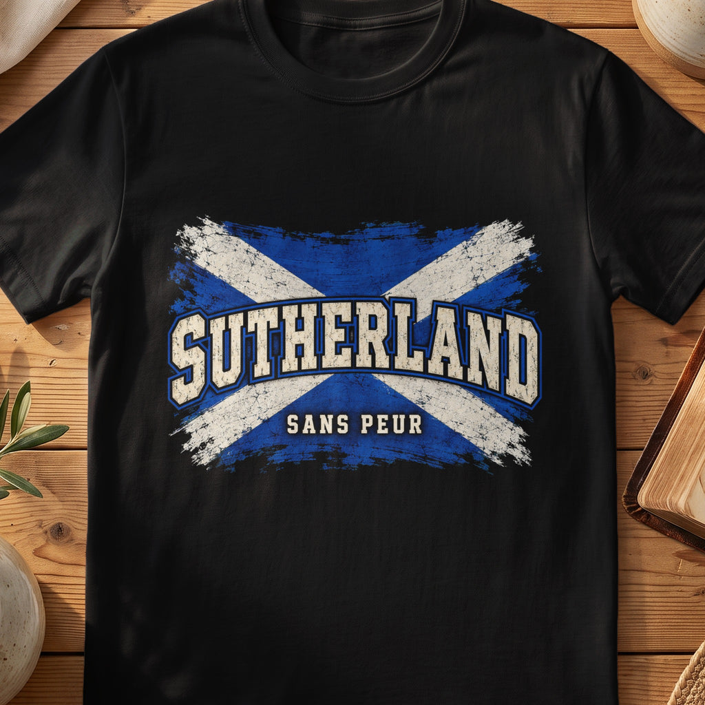 Sutherland Scottish Saltire T-shirt in Black, with distressed blue and cream flag and “Sans Peur” lettering.