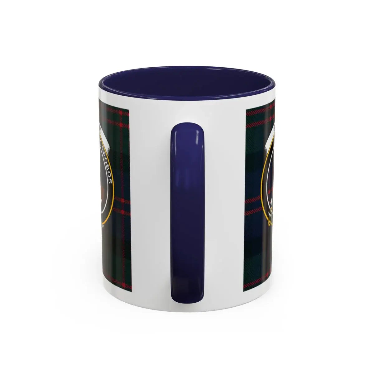 Blair clan tartan mug showing emblem detail — Amo Probos design, 15oz glossy ceramic accent mug
