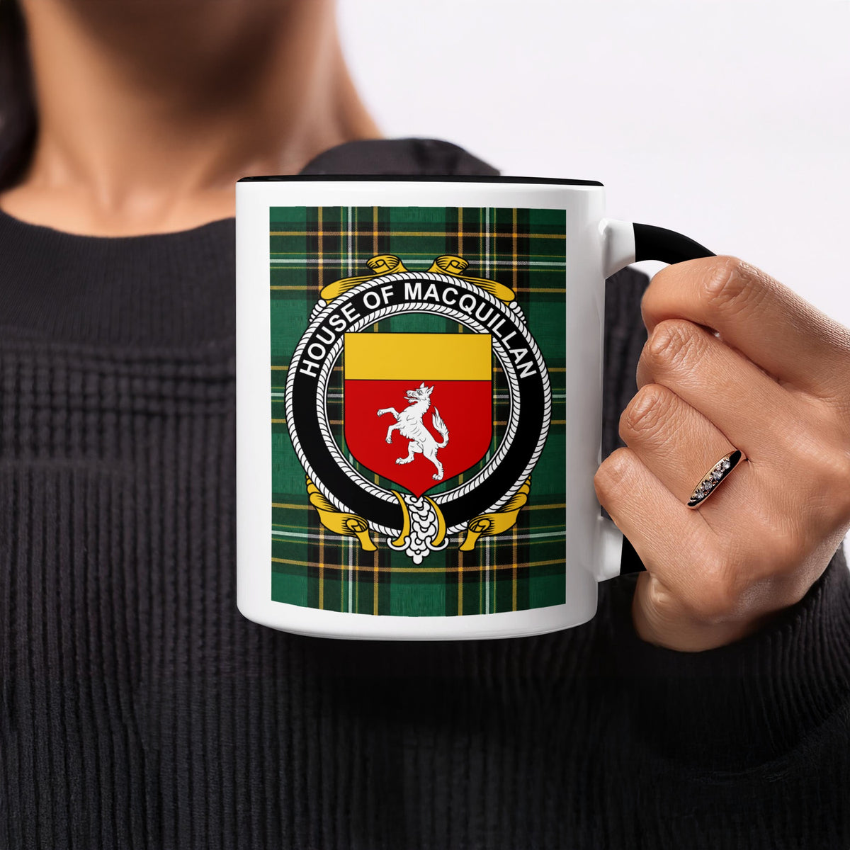 MacQuillan Irish heritage ceramic mug showing tartan and surname emblem