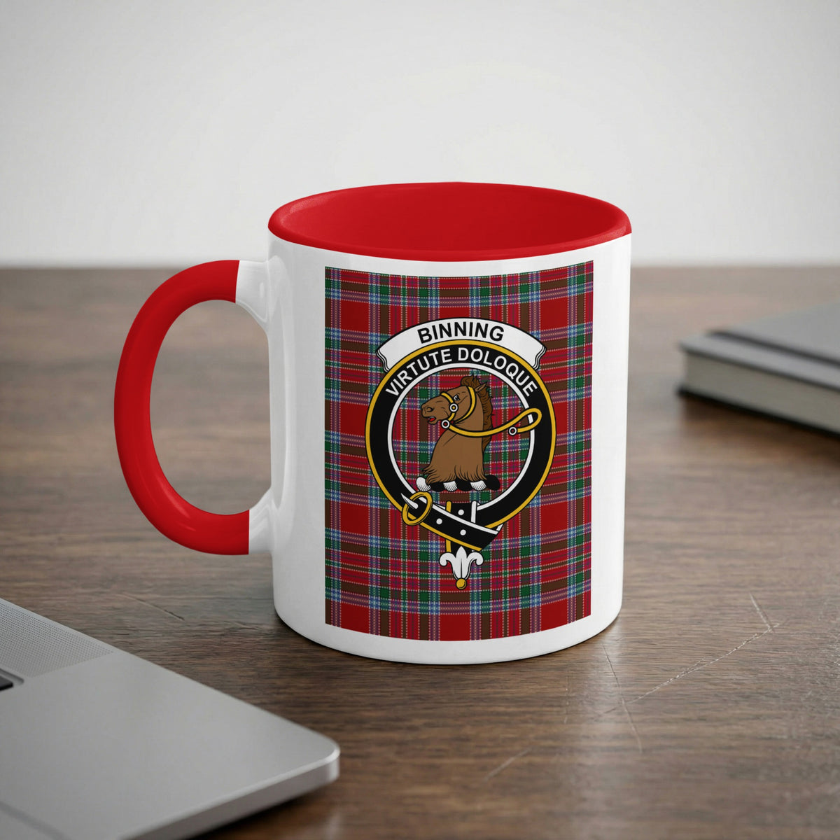 Binning Scottish family crest artwork on an 11 oz red accent mug with a tartan background