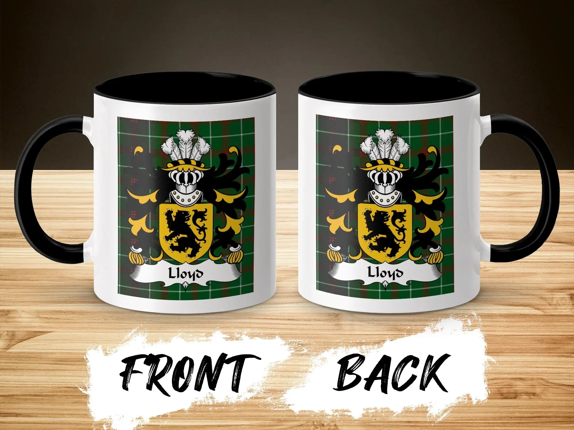 Lloyd Welsh surname coffee mug front and back with family crest on black handled mug
