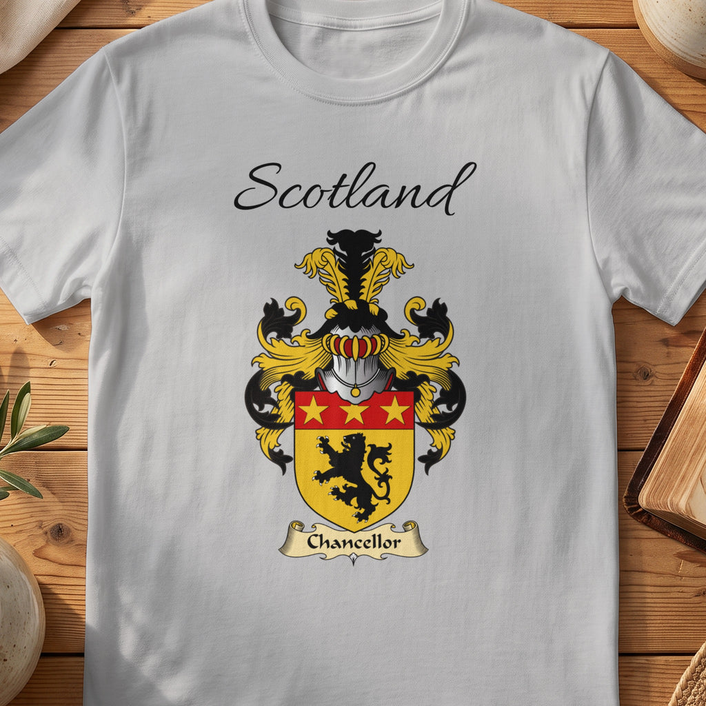 Sport Grey Chancellor Scottish family shield T-shirt featuring a black lion beneath a red band with gold stars