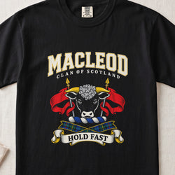 MacLeod graphic T-shirt in Black, front flat lay showing varsity lettering and black bull head with gold horns and white forehead curls.
