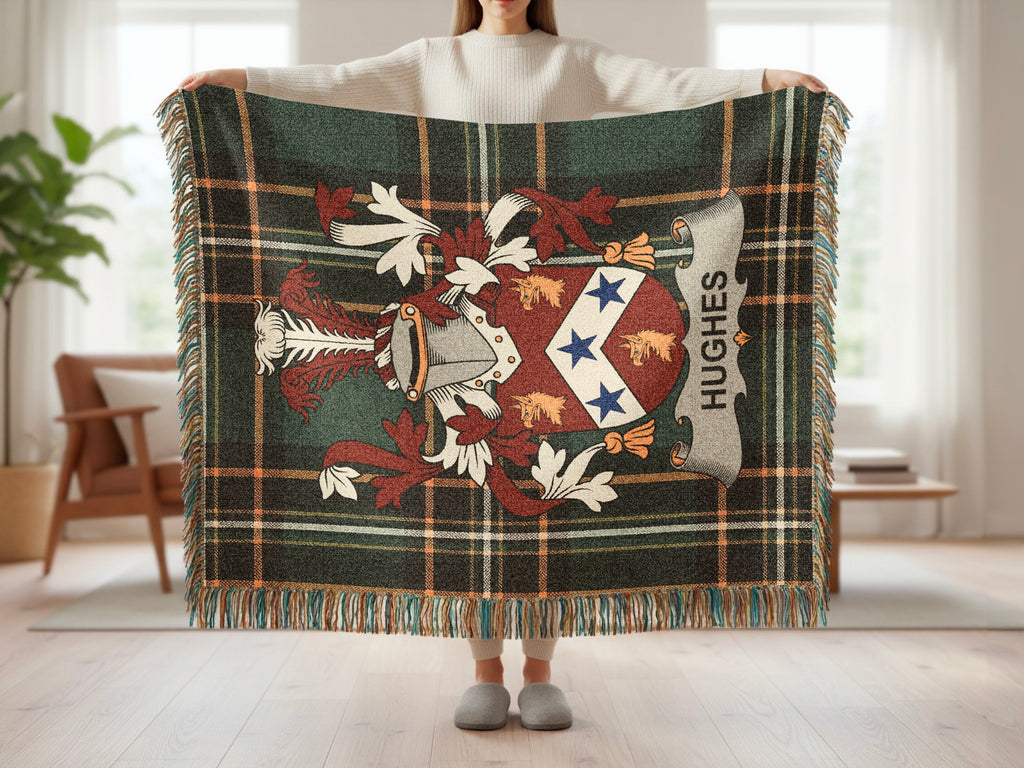 Hughes family shield emblem woven throw with fringed edges