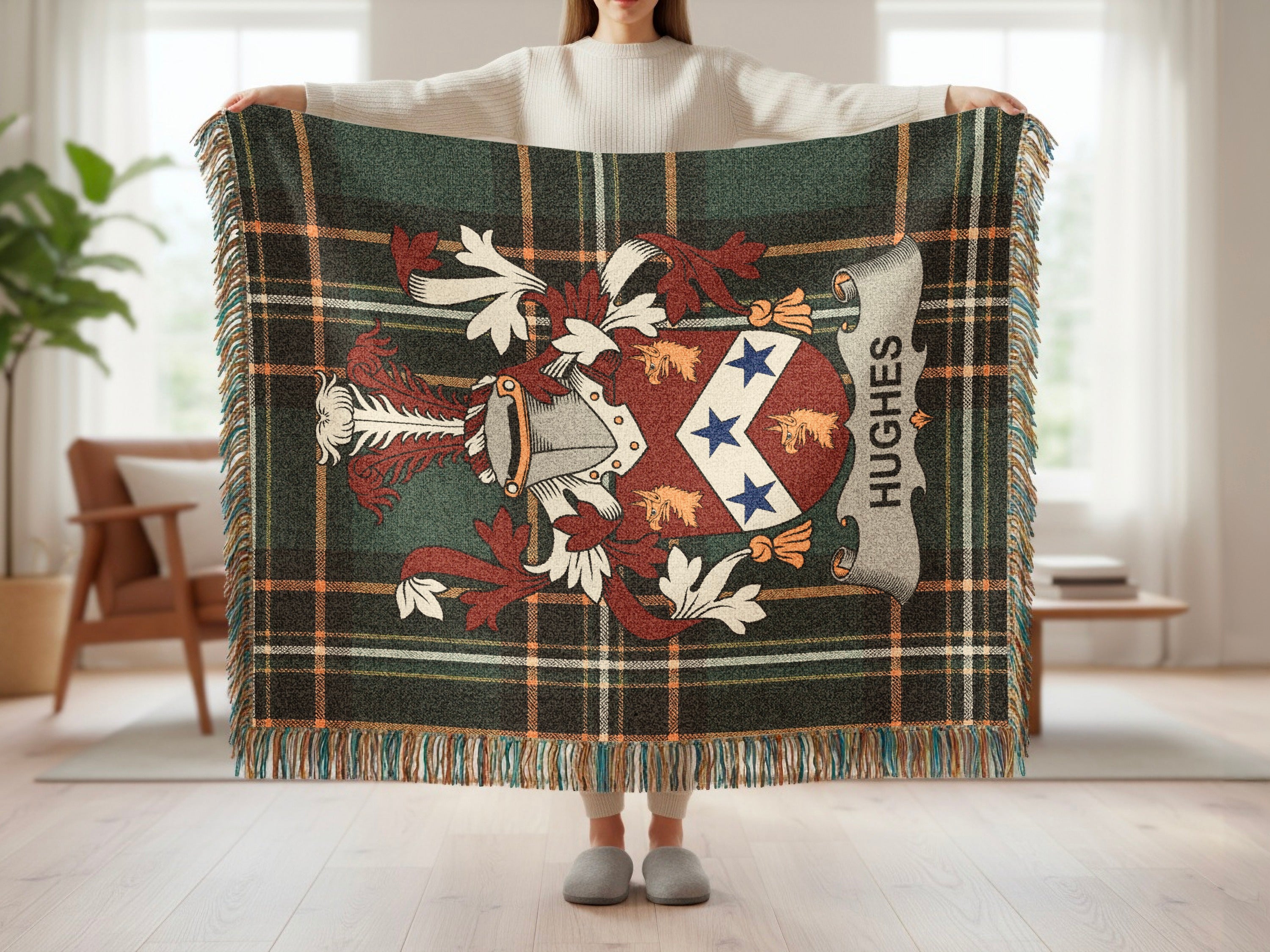 Hughes family shield emblem woven throw with fringed edges