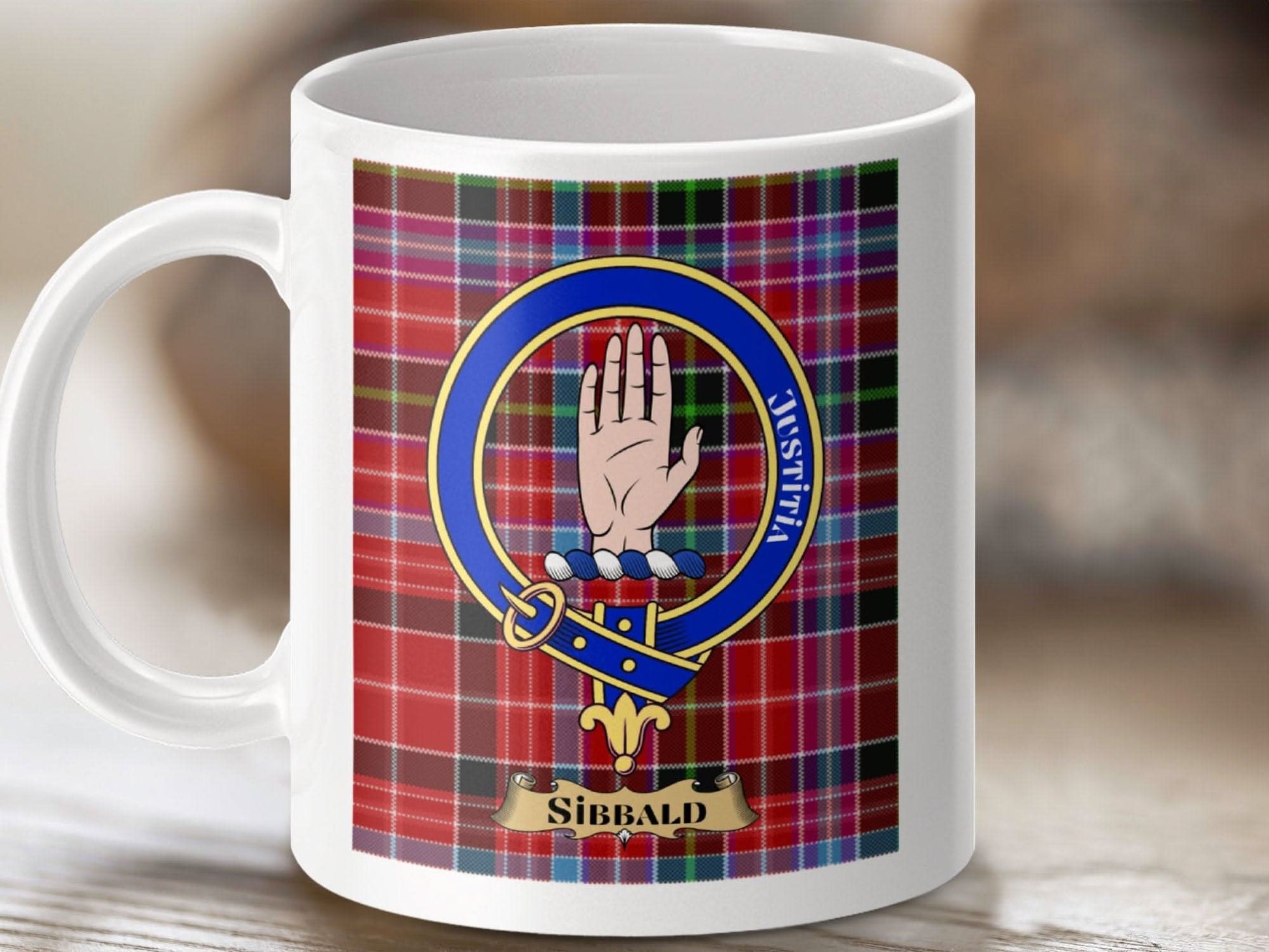 Sibbald Clan Justitia Crest Plaid Design Mug product
