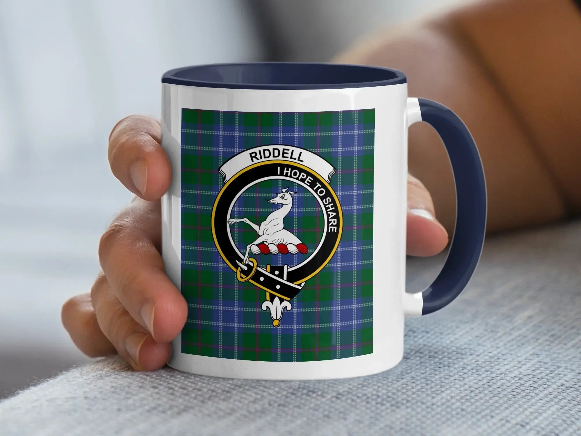 Clan Riddell tartan accent mug — 11 oz ceramic with black handle and I Hope to Share crest