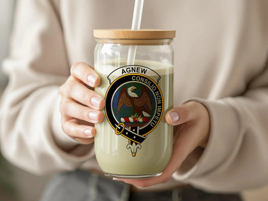 Agnew Clan Crest with Eagle Emblem Glass Sipper Cup - Celtic Ancestry Gifts