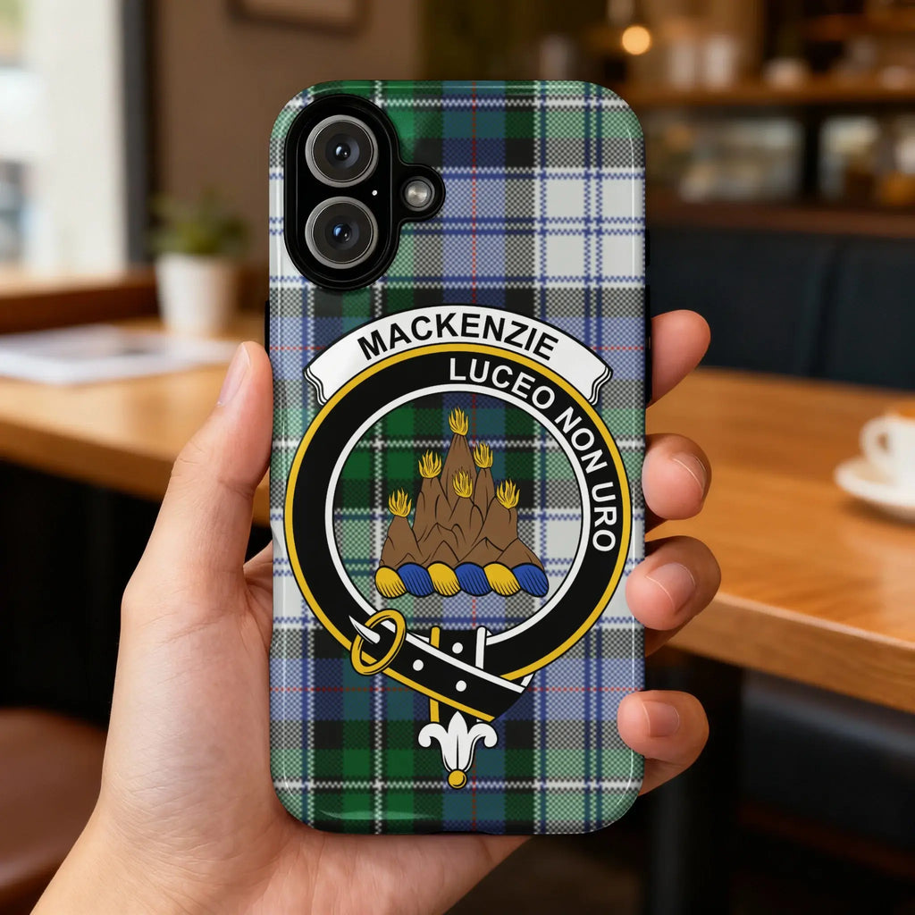 MacKenzie Luceo Non Uro tartan iPhone case — I Shine Not Burn full heraldic clan design visible