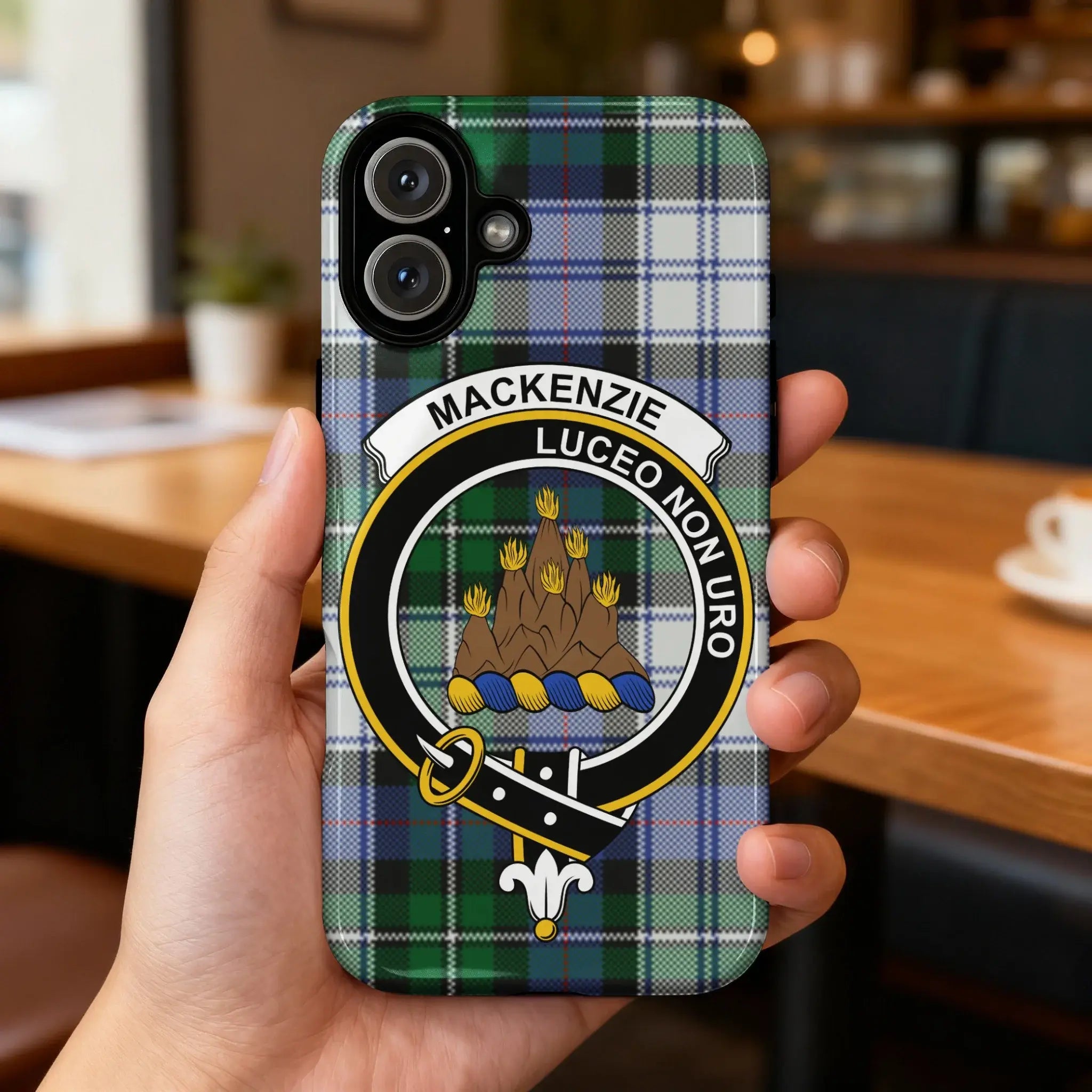 MacKenzie Luceo Non Uro tartan iPhone case — I Shine Not Burn full heraldic clan design visible
