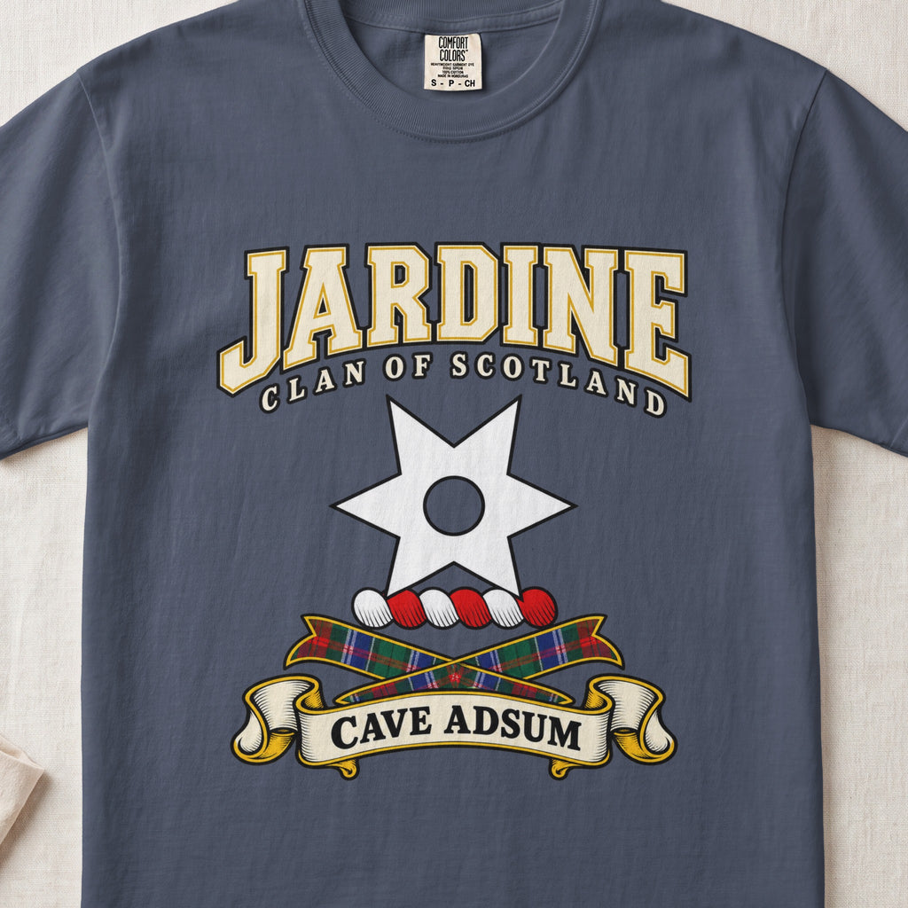 Jardine Scottish clan graphic T-shirt in Midnight, front view