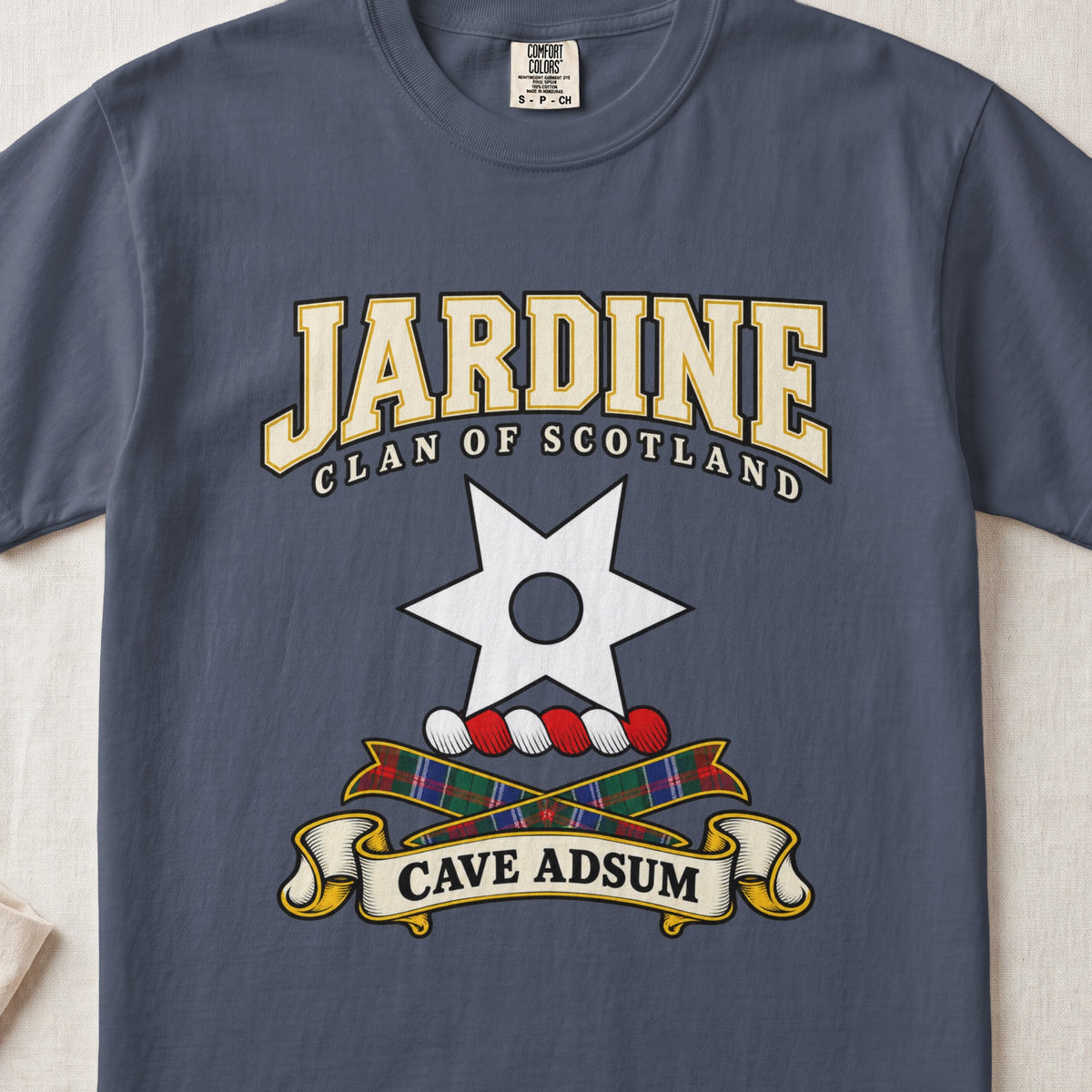 Jardine Scottish clan graphic T-shirt in Midnight, front view