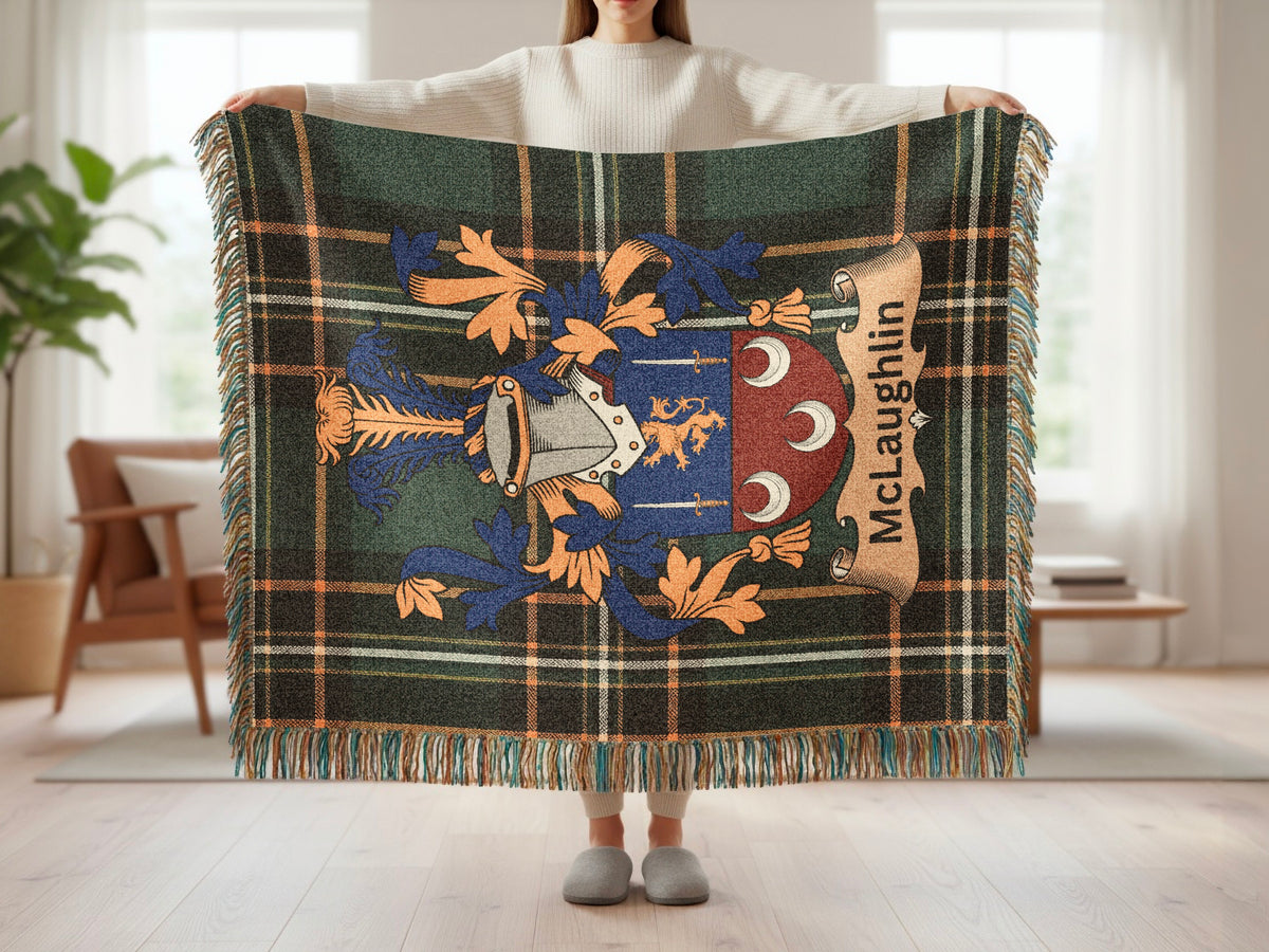 McLaughlin family shield emblem woven throw with fringed edges