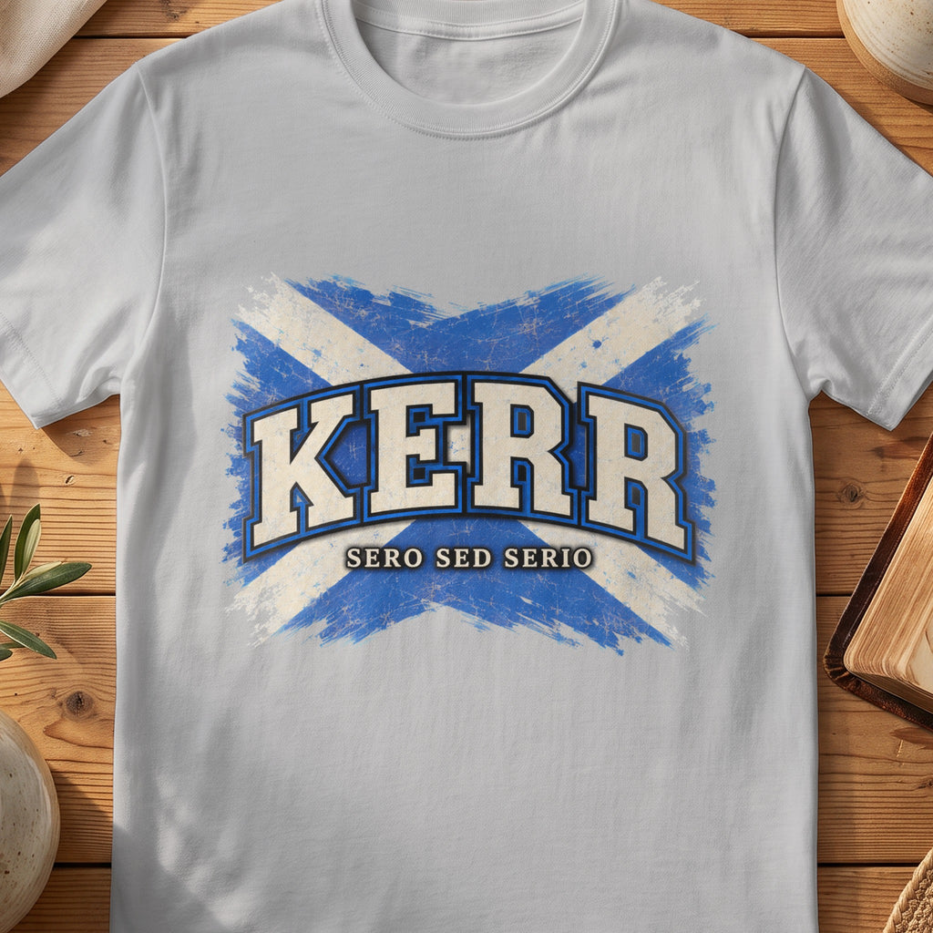Kerr Scottish Saltire T-shirt in Sport Grey, with distressed blue and cream flag and “Sero Sed Serio” lettering.