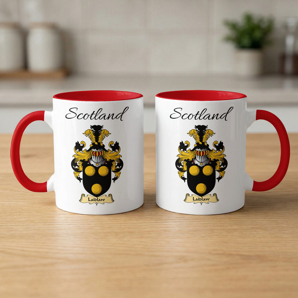 Red-accent Laidlaw Scottish family crest mugs with Scotland above the heraldic shield