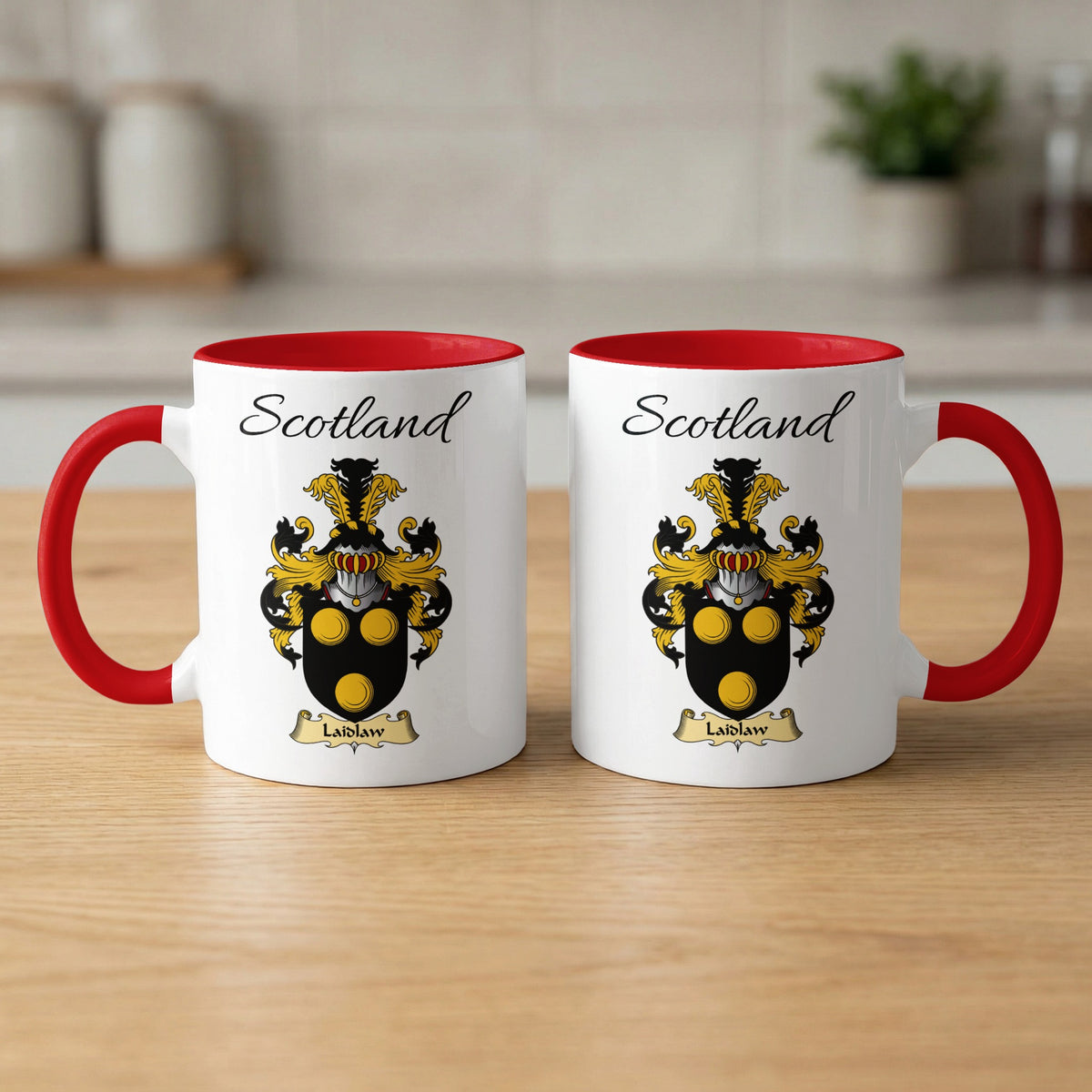 Red-accent Laidlaw Scottish family crest mugs with Scotland above the heraldic shield