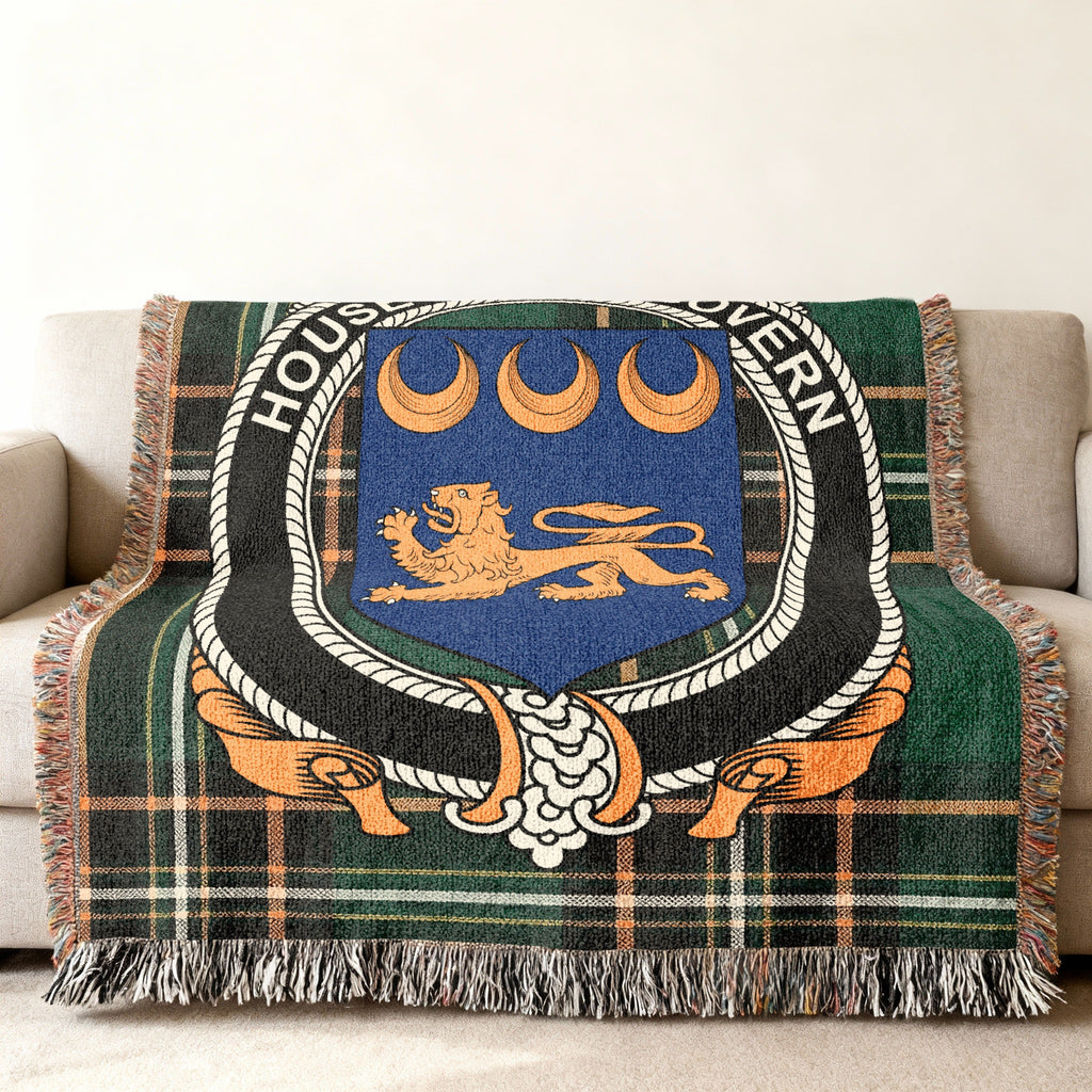 MacGovern Irish National Tartan woven blanket displayed on a sofa
