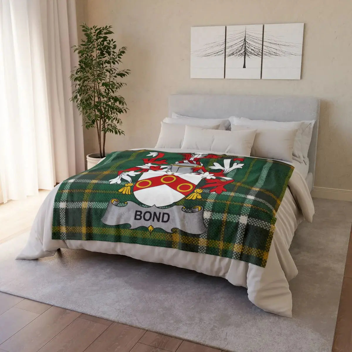 Vibrant Green Plaid Bond Coat of Arms Fleece Blanket product