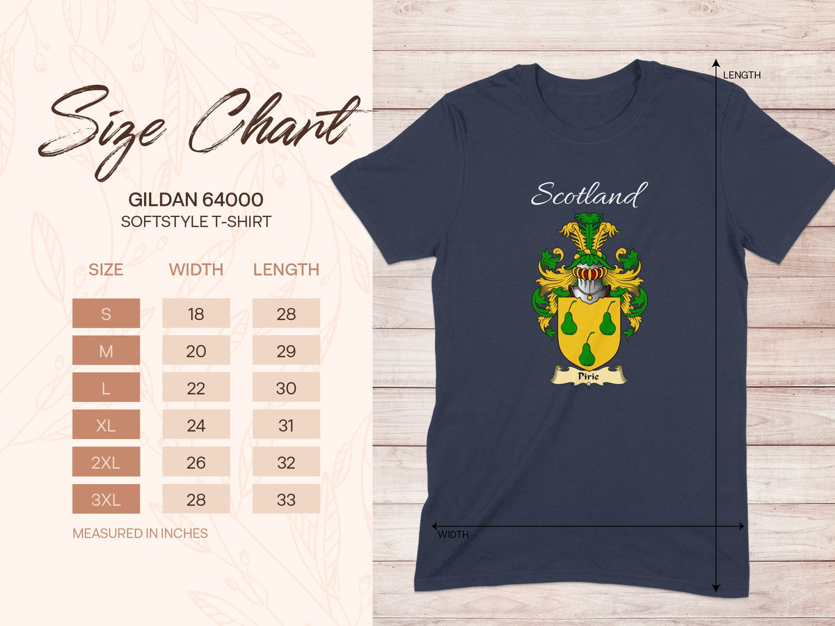 Gildan 64000 size chart for the Pirie Scottish family crest T-shirt, covering sizes S–3XL.