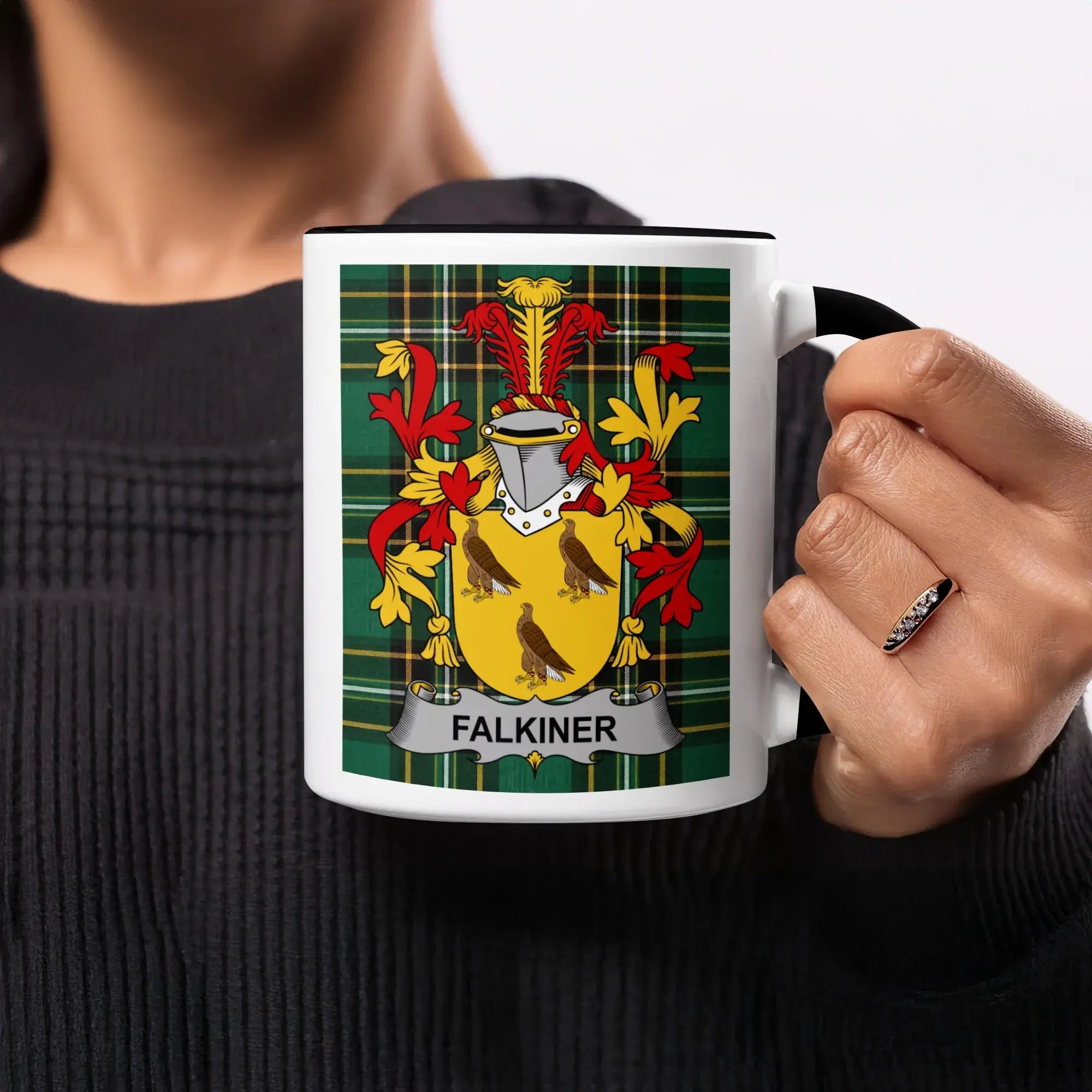 Mug with the Falkiner coat of arms on a tartan background.
