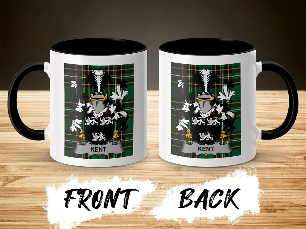 Two-sided mug featuring a family crest and "KENT" on a plaid background.