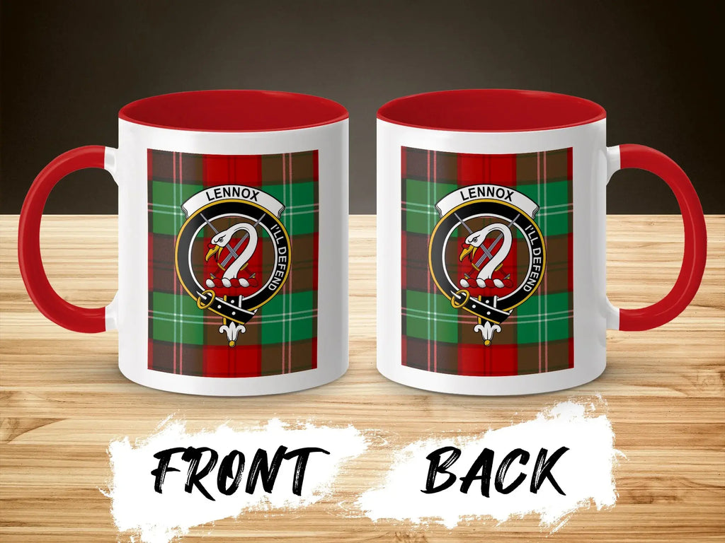 Clan Lennox tartan accent mug — red handle and interior, 11 oz with I'll Defend design